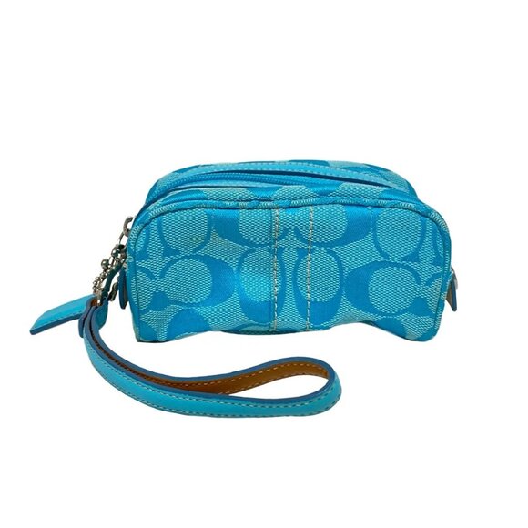 Auth COACH Signature - Light Blue Jacquard Leather Pouch - Picture 1 of 9